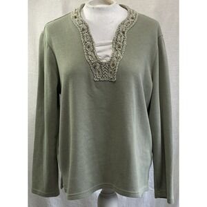 Rebecca Malone Womens Top Large Sage Crochet Beaded Neck Boho Knit Shirt